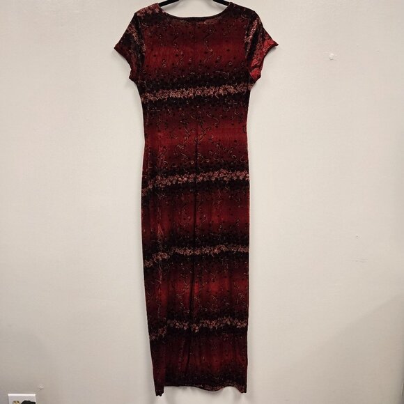 Vintage 90's Velvet Women's S Whimsygoth Red Black Floral Pattern Maxi Dress - Picture 2 of 9